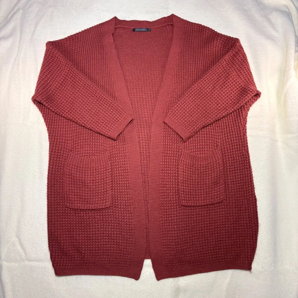 Merokeety Rust Orange Waffle Knit Open Front Cardigan Sweater XXL Overszd Pocket - Picture 1 of 6